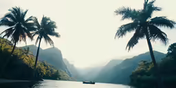 a boat floating down a river next to mountains