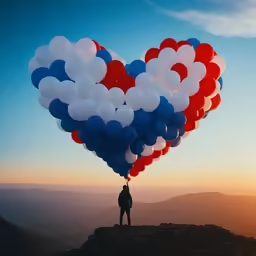 man standing on top of a mountain looking at large heart shaped balloons