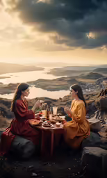 a couple of women sit on a cliff and enjoy drinks