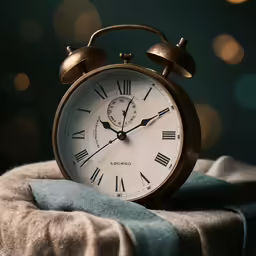 an antique clock is on a blanket in front of some boke of lights