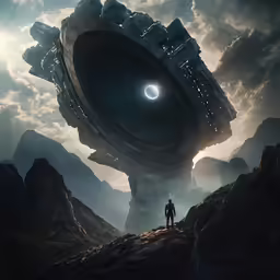 man standing in the foreground as the giant alien spaceship moves through a landscape