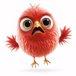 a red bird with big eyes standing in the snow