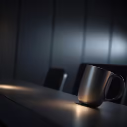a cup is on a desk in a dark room
