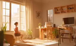a woman is sitting in a living room chair in the sun