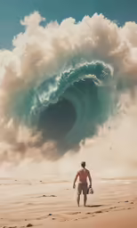 a man walking on the beach next to a large wave