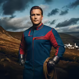a man in blue, red and black uniform stands with his hands on his hips