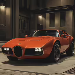 the sports car is parked on the street by the building