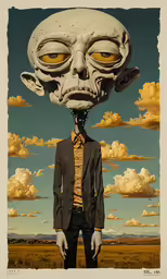 a man standing in a field next to a giant head