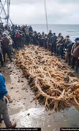 a group of people watching a large amount of seaweed on a beach