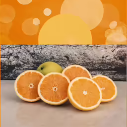 five oranges with a bite taken out and an apple beside them