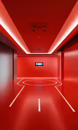 a red room with a tv on it in the middle
