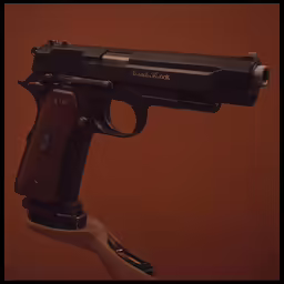a single action shot of a gun, on a brown background