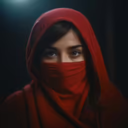 a girl wearing red scarf around her head