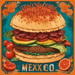 a poster of an illustration of a large hamburger,a burger with meats, lettuce, tomatoes and onions