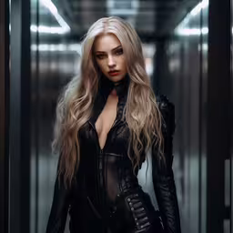 a sexy blond doll posing in a dark dress,a woman in a costume and leather posing for a photo