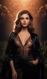 a woman wearing black and brown gown standing in a forest