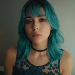 a girl with turquoise hair is standing against a wall