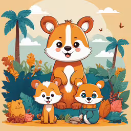 three foxes and their babies in the forest,a dog sitting on the ground with two other dogs