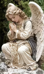an angel statue sitting on top of a rock
