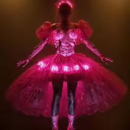 a dark costume with white lights and pink tutu