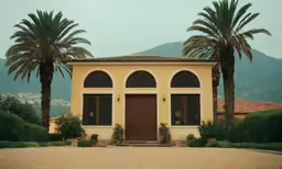 an elegant house with two palms trees outside