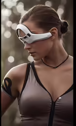 a woman wearing a mask with her head tilted