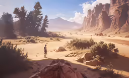 the desert has rocks and a person walking in it