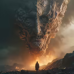 a man looking at a large demonic face and a huge amount of smoke