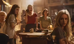 a group of people standing around a bar