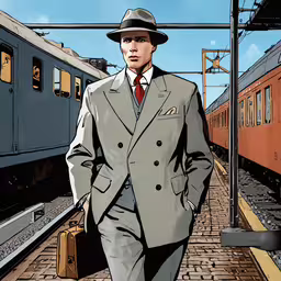man in hat and suit walking toward train,a man in a suit and hat with a suitcase is walking down the train track