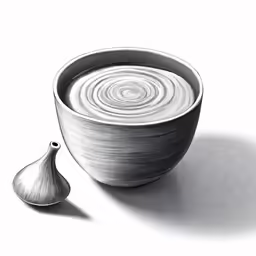 a drawing of a bowl and garlic on a white surface