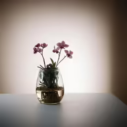 pink flowers in a clear vase sitting on top of a table