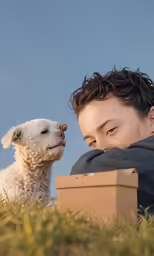the woman and dog are sitting on the ground