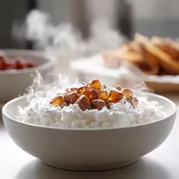 a bowl of rice with nuts and onions on it