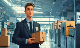 a man wearing a suit and tie holding a box
