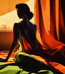 a woman in a orange dress sitting by a window,a woman in an orange and green dress sits on a bed