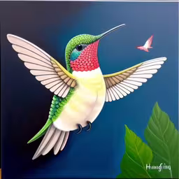 a hummingbird flying near a green leaf,a hummingbird flying through the air with its beak open,a hummingbird with large wings flying up,a painted hummingbird flying on top of a leafy plant,a painting of a bird flying through the air