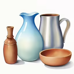 a water pitcher and two pitchers sitting next to each other
