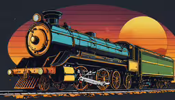 a steam engine train is shown at sunset,a colorful train sitting on the tracks under a sun