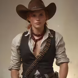 a woman in a western outfit with a rifle