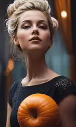 a beautiful blond in a dress holding an orange round object