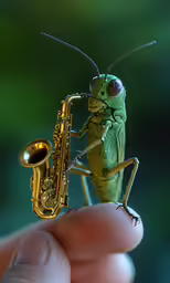 the green grasshopper is playing on the saxophone