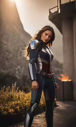an attractive woman dressed in a metallic suit