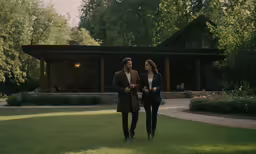 a couple walking toward a home in the woods