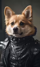 a small dog wearing a leather coat looking off to the side