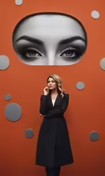 a woman standing in front of a large wall with the eye on it