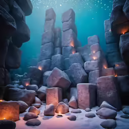 a collection of rocks with lit candles on them
