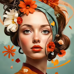 a woman has flowers in her hair and is wearing a scarf