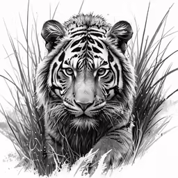 a pencil drawing of a tiger in some grass