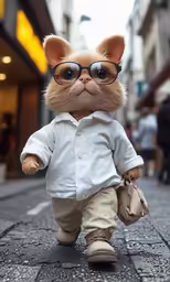 a brown mouse with glasses walks down a street